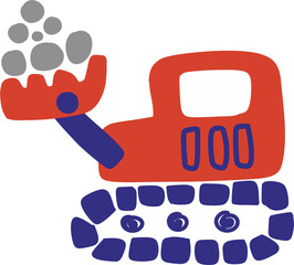 Cute hand drawn excavator digging earth and loading rocks illustration