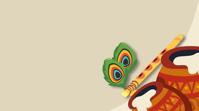 Happy Krishna Janmashtami Festival Background with Flute and Peacock Feather.