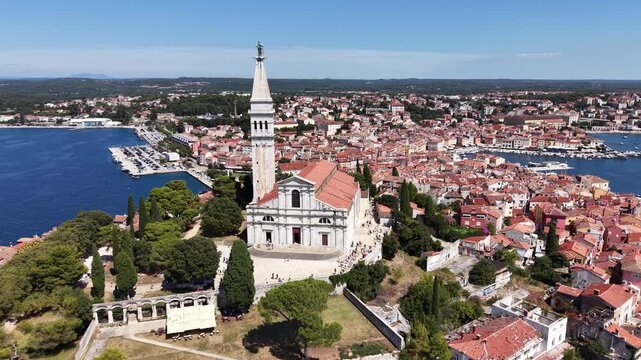 Aerial view of Church of Saint Euphemia landmark in Rovinj city, Croatia