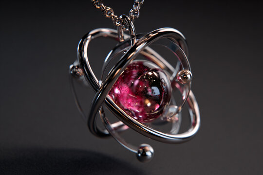 Macro shot of elegant silver pendant showing planetary orbit rings around deep pink cosmos glass sphere with glitter stars hanging on chain isolated on dark background, luxury scientific jewelry.