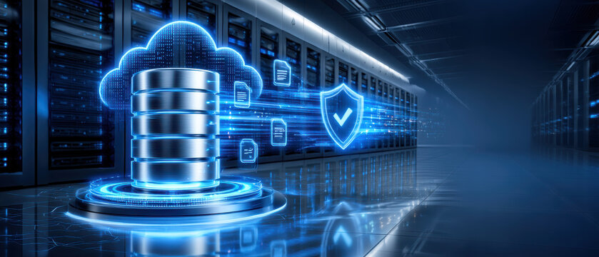 Ultra realistic enterprise data protection concept with glowing server, cloud storage and shield icon conveying secure backup and network integrity