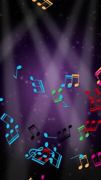 Colorful Music Notes Falling Over Purple Stage Spotlight Background