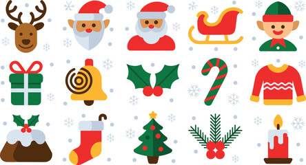 Fototapeta premium Christmas Vector Icon Set with Flat Geometric Holiday Symbols Including Santa, Reindeer, Elf, Sleigh, and Winter Elements for Festive Apps and Graphic Designs