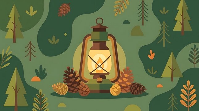 Rustic camping lantern illustration with pine cones and forest.