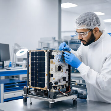 Aerospace Engineer Assembling a Small Satellite in a High Technology Laboratory