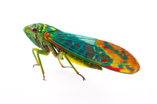 Colorful candy cicada isolated on a white background with vibrant translucent wings and detailed body, realistic macro insect portrait