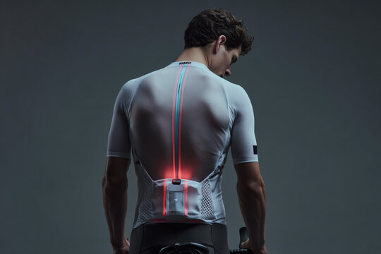 Rear view of professional male cyclist wearing white smart compression jersey with built in glowing red and blue led safety indicator light strip along the spine, innovative cycling apparel tech.