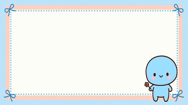 Kawaii blue character frame with pink bows.