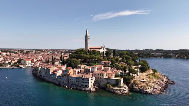 Flight over Church of St Euphemia and landscape in Rovinj city, Croatia
