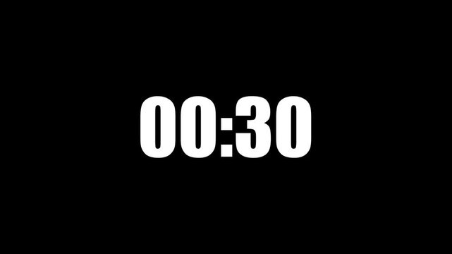 1 Minute Digital Timer Animated Countdown Clock White Bold Numbers Display Motion Graphics Stock Overlay Isolated Black Background.