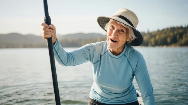 Senior woman paddleboarding on a calm lake, smiling and holding a paddle while wearing a sun hat. outdoor active lifestyle and wellness.