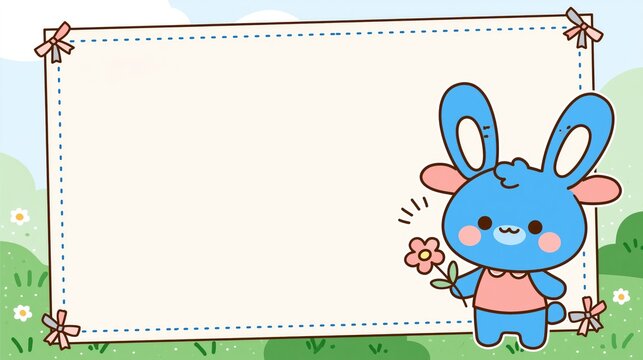 Cheerful blue bunny illustration on garden themed frame.