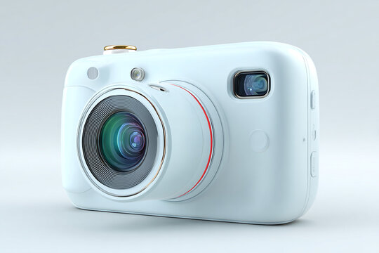 Sleek minimalist matte white digital camera with multi layered glass lens elements and gold shutter button decoration isolated on clean white backdrop, modern electronic technology product design.