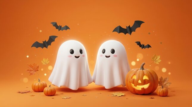 Halloween ghosts and pumpkin with bats and pumpkins, halloween