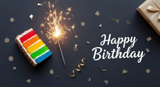 Flat lay view of colorful multi layered rainbow birthday cake slice with burning sparkler firework and papFer gift box on dark black background with scattered silver confetti, party celebration theme.