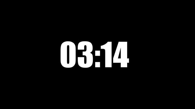 6 Minute 30 Second Digital Timer Animated Countdown Clock White Bold Numbers Display Motion Graphics Stock Overlay Isolated Black Background.