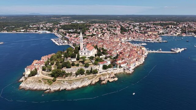 Drone shot of old town peninsula coastline in Rovinj city, Croatia