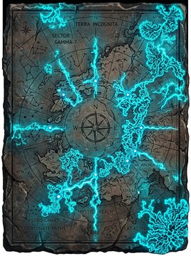 Vintage Map Glowing Cyan Cracks Compass Art