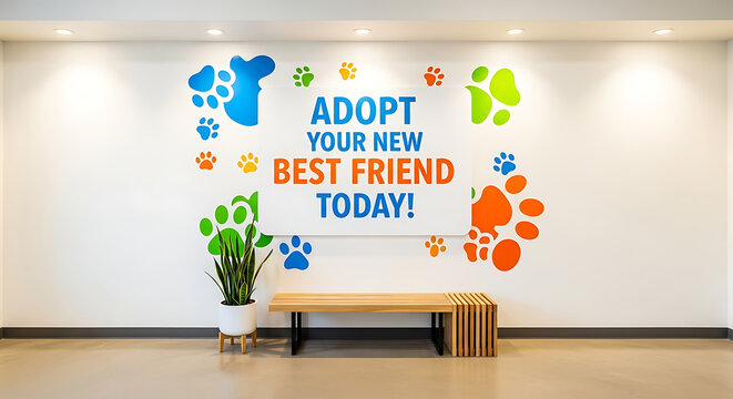 Animal shelter lobby wall featuring bright colorful paw prints and adoption signage above wooden bench