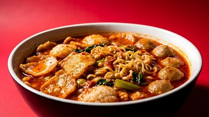 Fototapeta premium Spicy ramen noodle soup with tofu and fish balls.