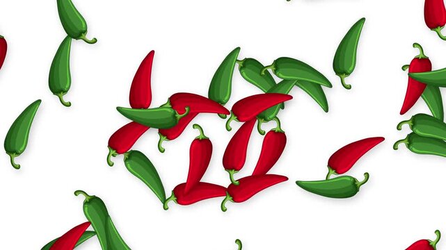 Red and Green Chili Peppers Falling on White Background