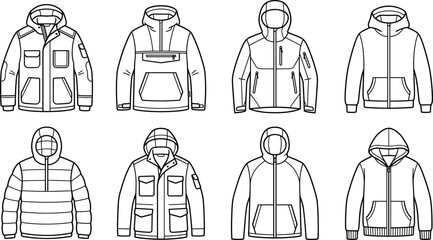 Set of flat color vector winter outerwear collection featuring hooded jackets coats and parkas for modern apparel design © SunilKumar