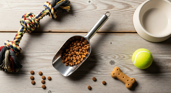 Top view of dog food treats play ball with kibble treat ball ball toys bowl dry kibble bowl wood nutrition