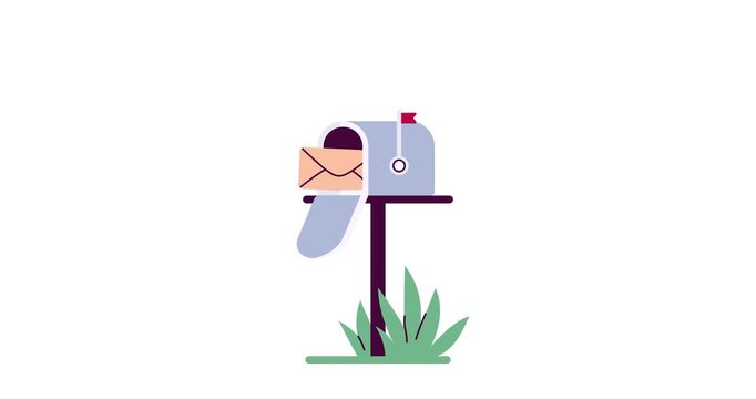 Vector motion graphics animation of a mailbox appearing on screen with an envelope flying out. Email notification. New message alert. Incoming mail. Successful delivery. Flat 2D design
