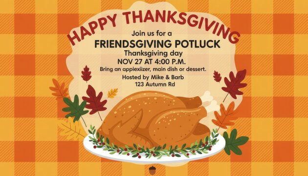 Thanksgiving invitation flyer, happy thanksgiving dinner poster with roast turkey, orange gingham plaid background