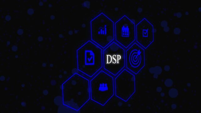 DSP Learning Management System concept. Hand holds wooden cube with DSP symbols on beautiful light background with copy space. Online business education. Electronic School icon background animation
