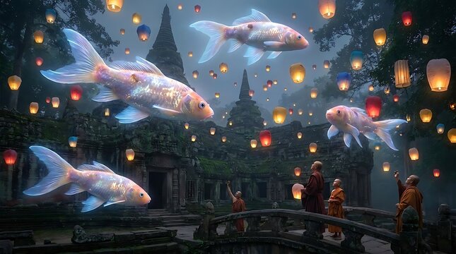 Surreal koi fish floating over ancient temple with lanterns.