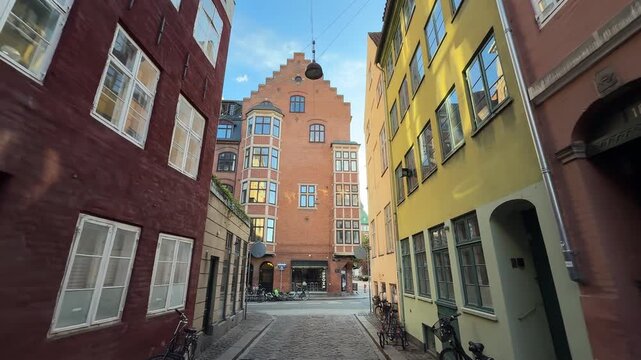 Historic cobblestone Magstraede (Magstraede) street in Copenhagen city, Denmark