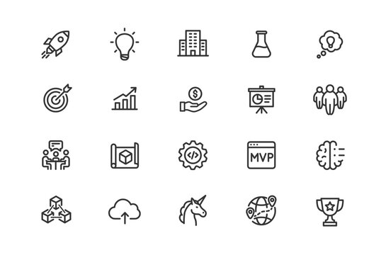 Startup line icons set. Vector linear icon collection featuring launch rocket, idea lightbulb, investment, MVP, coding, strategy and business development symbols.