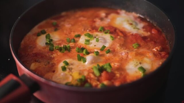 A person prepares a dish by cooking eggs shakshuka in a tomato sauce, stirring occasionally. Fresh green herbs are added to enhance the dish's flavor and presentation