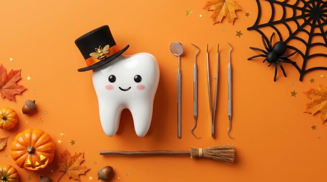 Halloween tooth with top hat and toothbrushes on orange, skeleton