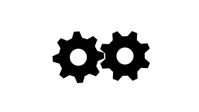 Two Interlocking Gears Cog Wheels Rotating Mechanical Engine Settings Icon Motion Graphics Stock Overlay Isolated White Background Black Cogs.