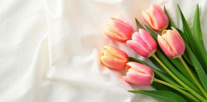 Pastel tulips arranged on ivory linen, spring freshness , flowers, floral