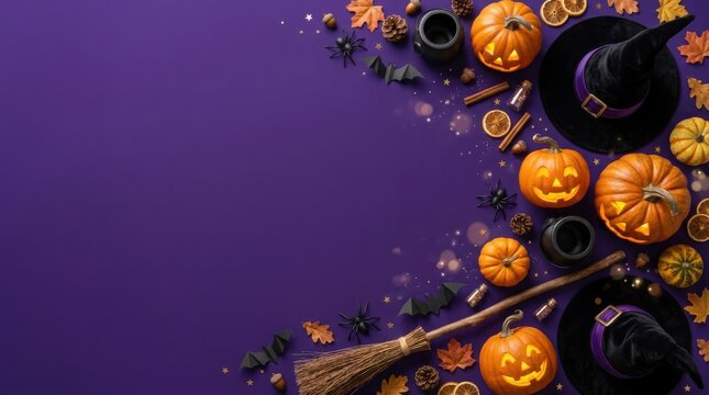 Halloween pumpkins and decorations on purple background