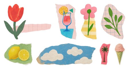 Fototapeta premium PNG Cute hand drawn summer collage of flowers, drinks, fruit, and clouds, transparent background