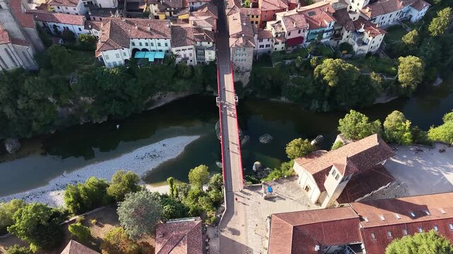 Flight over Devil's Bridge over Natisone river in Cividale del Friuli, Italy