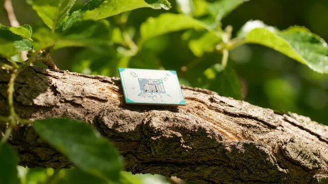 Silver microchip on tree branch surrounded by green leaf and natural sunlight symbolizing technology and nature connection seamless integration