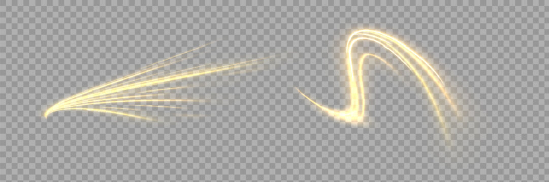 Glowing golden speed lines. Abstract traffic lines on the road. Light dust trail wave, fire path trace line, car headlights, optical fiber and filament curve swirl png.