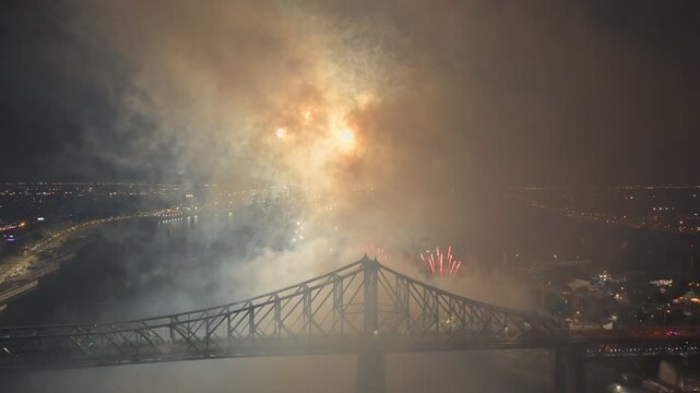 Montreal fireworks over Jacques Cartier Bridge and La Ronde amusement park at night, Quebec, Canada. g.