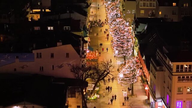 lluminated Christmas decorations in Sopot at dusk. Poland