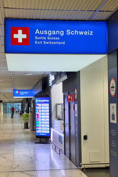 Basel, Switzerland, May 22, 2026: Exit Switzerland Signage in an International Airport Terminal
