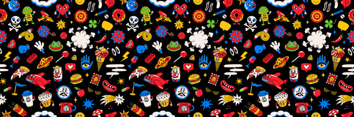 Naklejka premium Cartoon pattern with pop art food and doodles