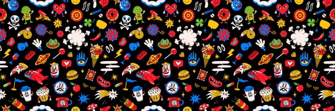 Cartoon pattern with pop art food and doodles