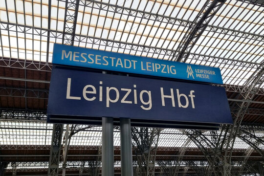 Leipzig, Germany, May 4, 2026: Leipzig Hauptbahnhof Signage at Messe Stadt Leipzig Train Station