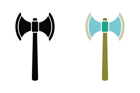 Set of 2 double-bitted battle axe icons in monochrome black and colored flat vector styles. Graphic symbols for battle, medieval weaponry, executioner tools, and lumberjack equipment.