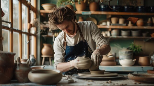 Artisan works in a bright studio surrounded by various ceramic pots and tools while shaping clay.